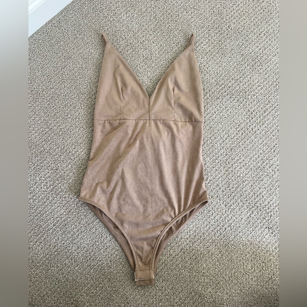 Faux suede beige/light taupe body suit, women’s small